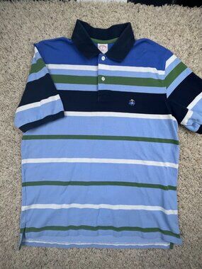 Brooks Brothers 346 Polo Shirt Mens Blue Green Striped Short Sleeve w Logo